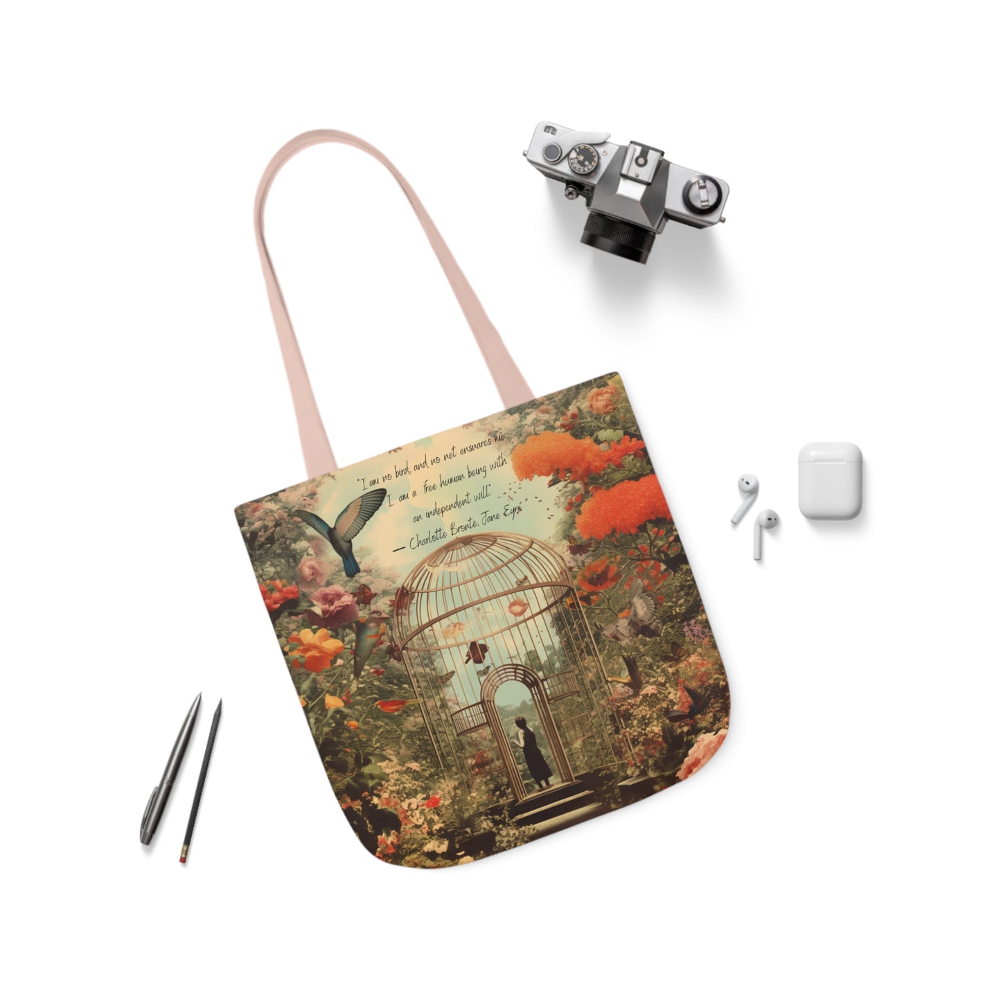 'I am not a bird' from Jane Eyre by Charlotte Bronte quote, Tote Bag,
