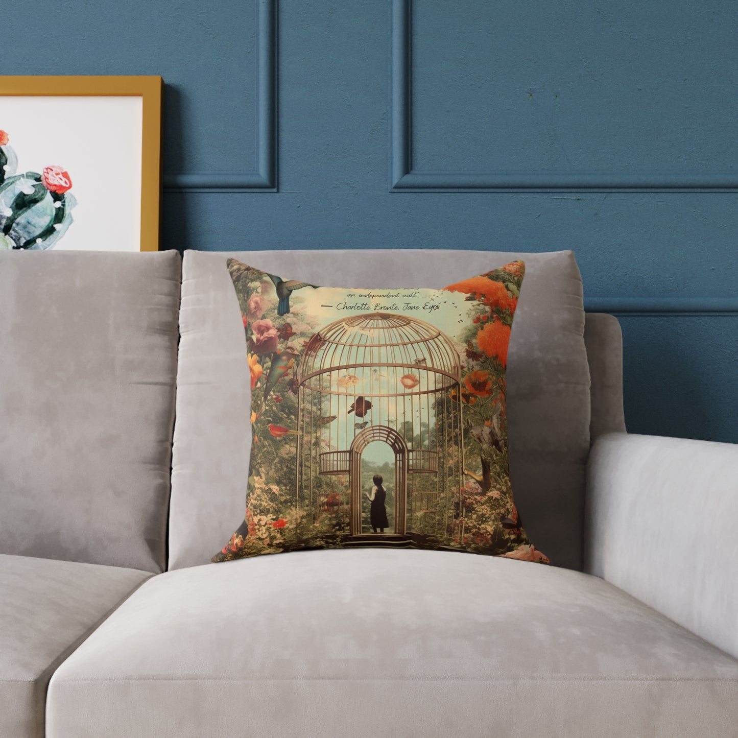 'I am not a bird', from Jane Eyre by Charlotte Bronte, quote on Luxury Cushion