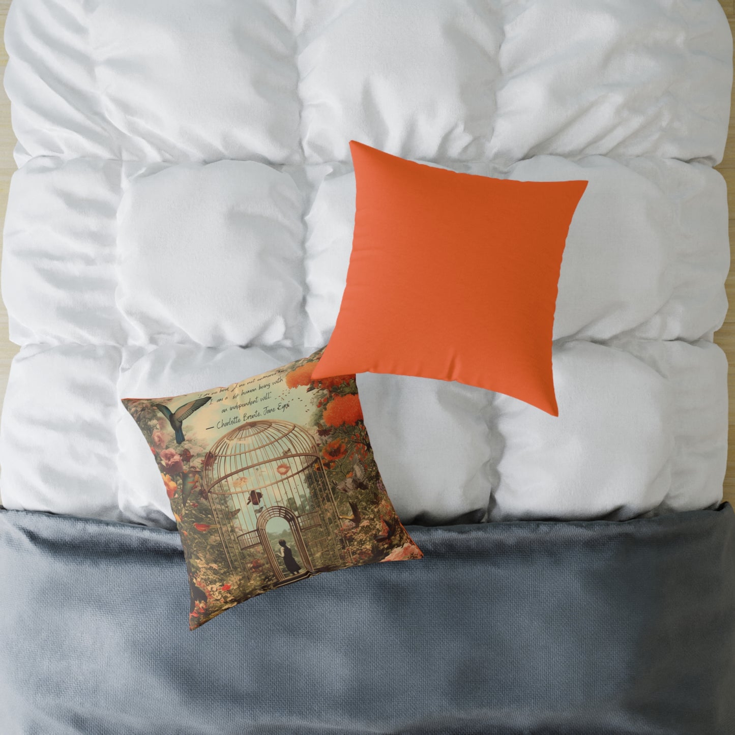 'I am not a bird', from Jane Eyre by Charlotte Bronte, quote on Luxury Cushion