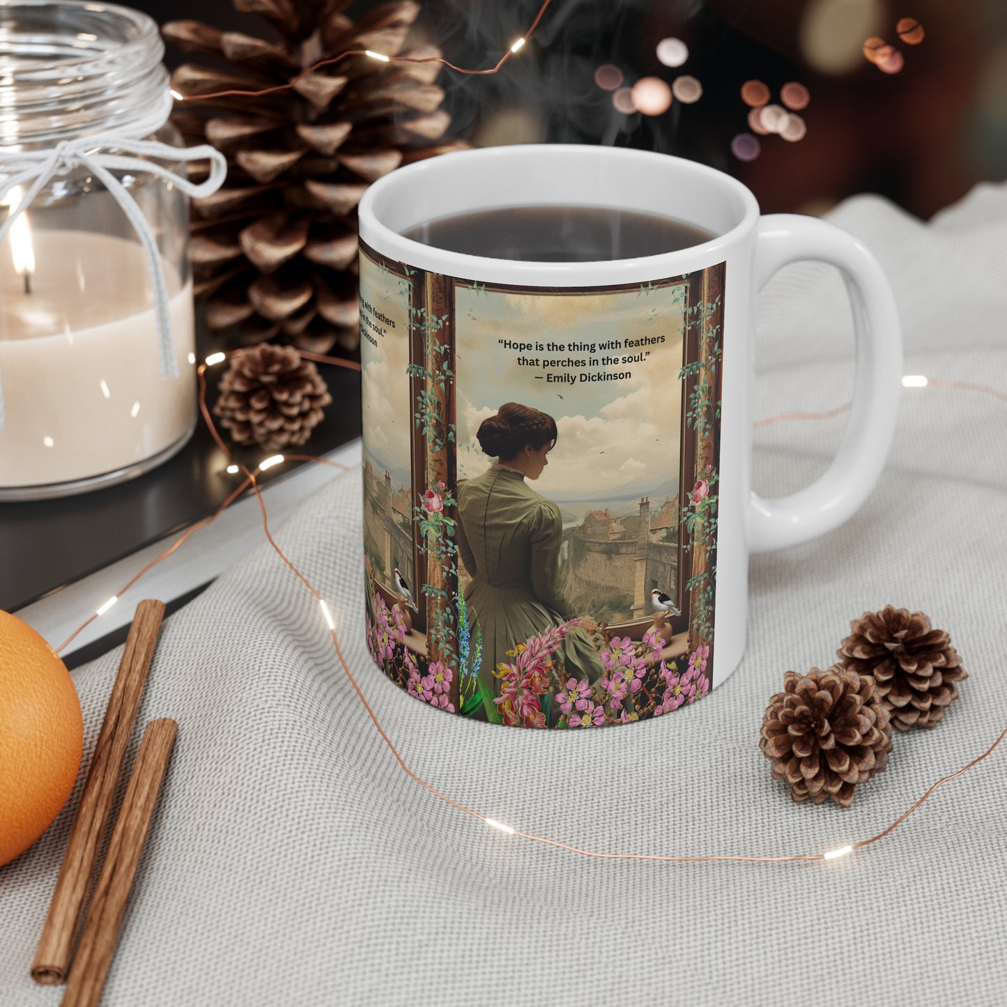 Hope Is the Thing with Feathers” – Emily Dickinson Quote Mug | Inspirational Literary Gift