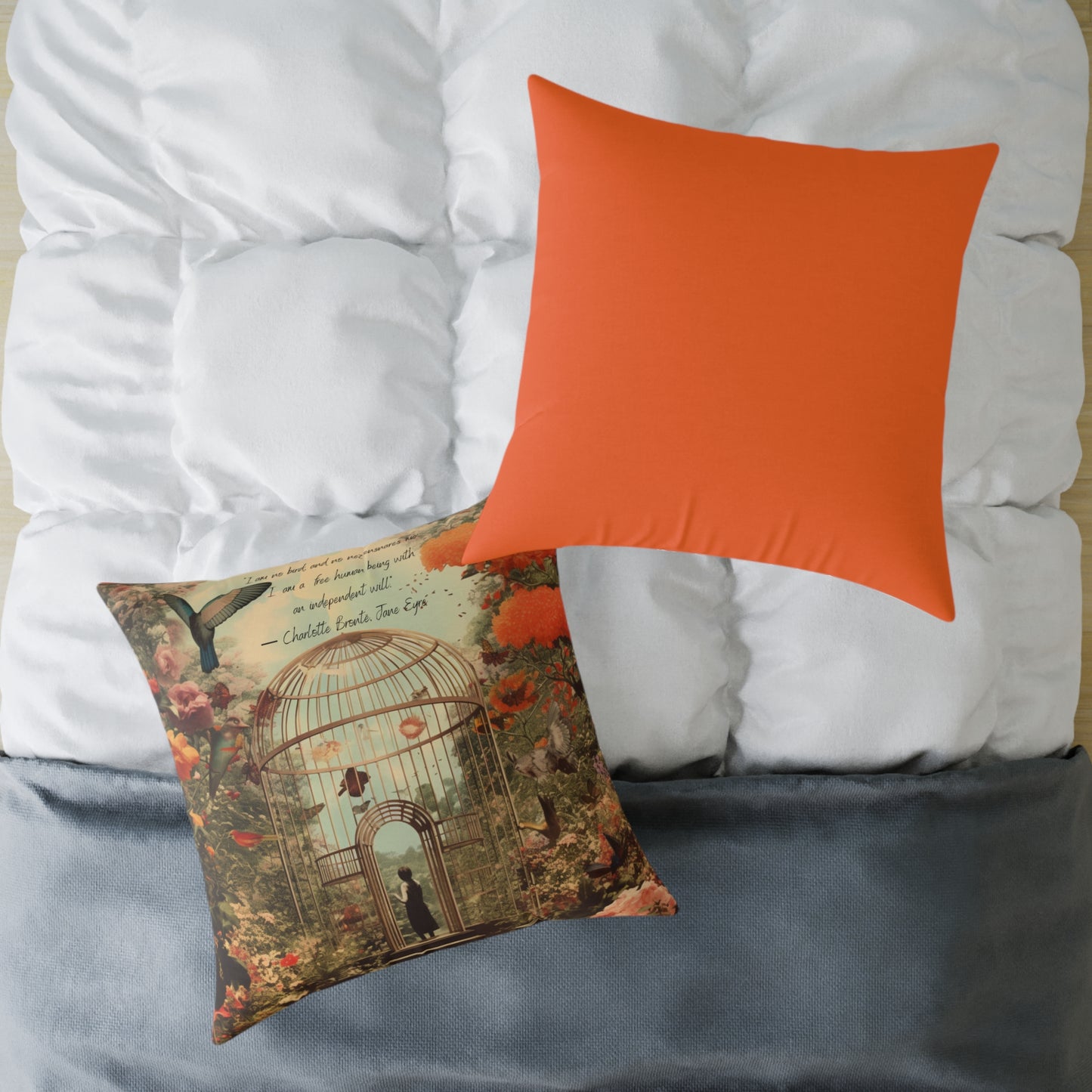 'I am not a bird', from Jane Eyre by Charlotte Bronte, quote on Luxury Cushion