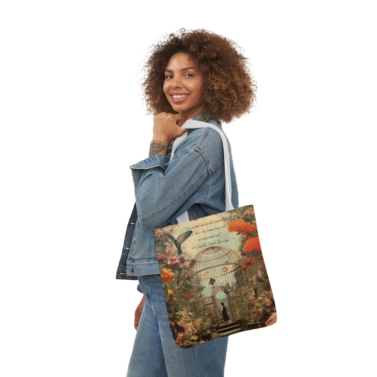 'I am not a bird' from Jane Eyre by Charlotte Bronte quote, Tote Bag,