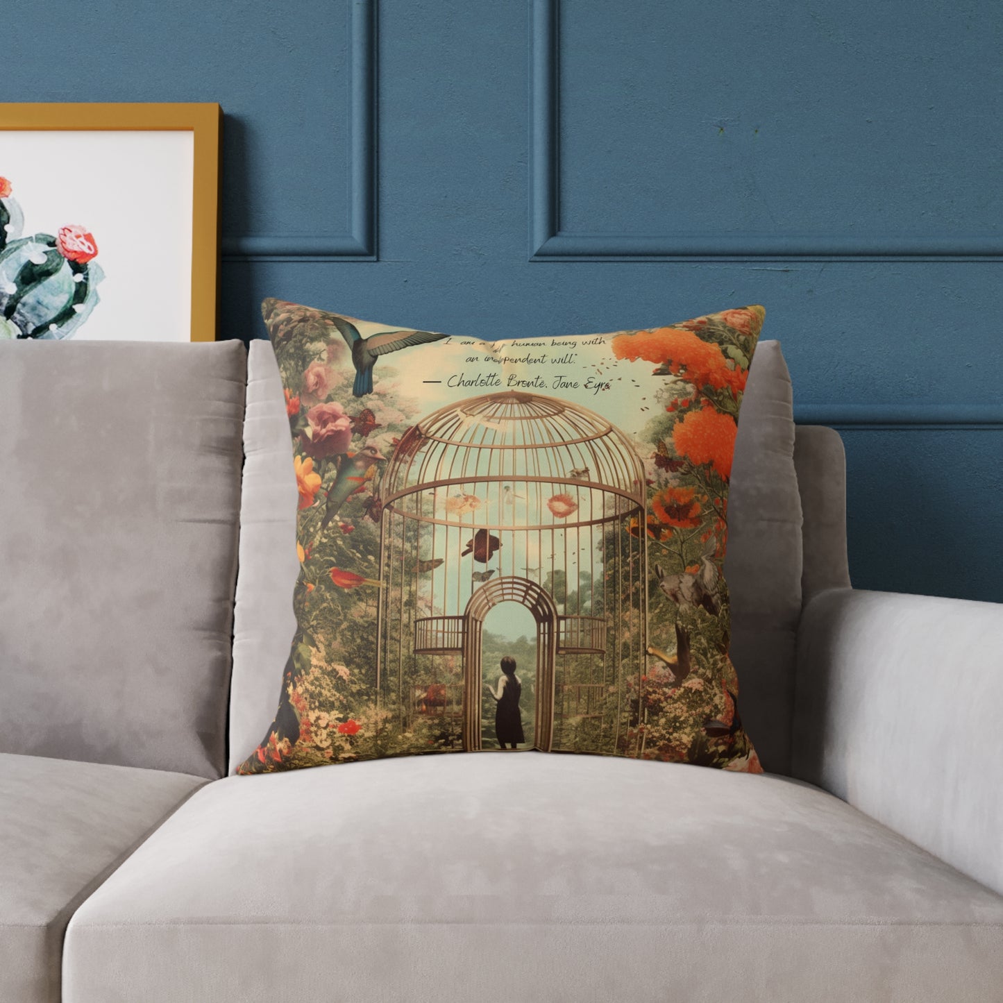 'I am not a bird', from Jane Eyre by Charlotte Bronte, quote on Luxury Cushion