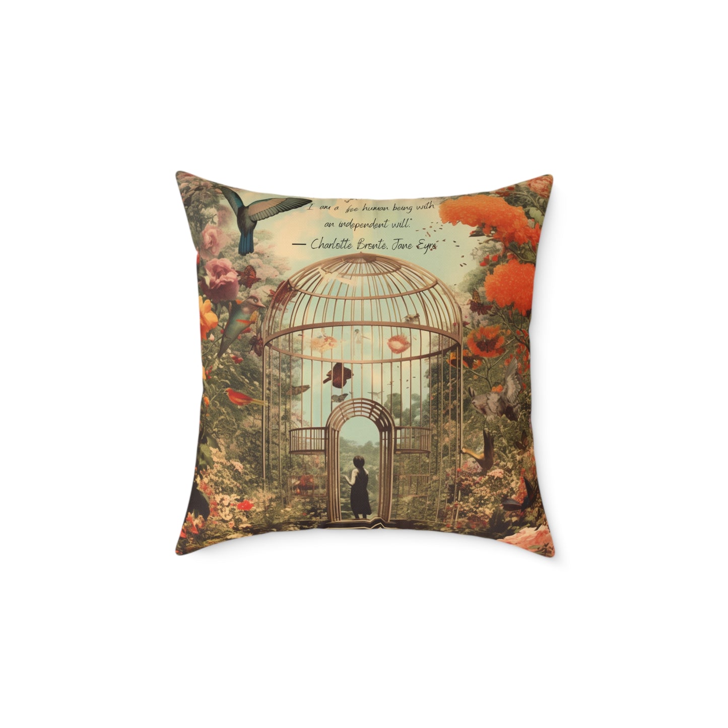 'I am not a bird', from Jane Eyre by Charlotte Bronte, quote on Luxury Cushion