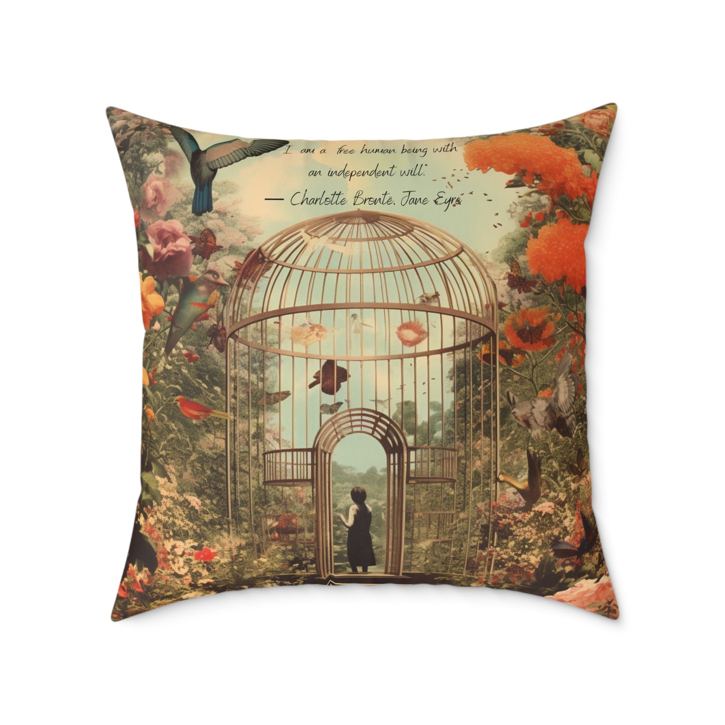 'I am not a bird', from Jane Eyre by Charlotte Bronte, quote on Luxury Cushion