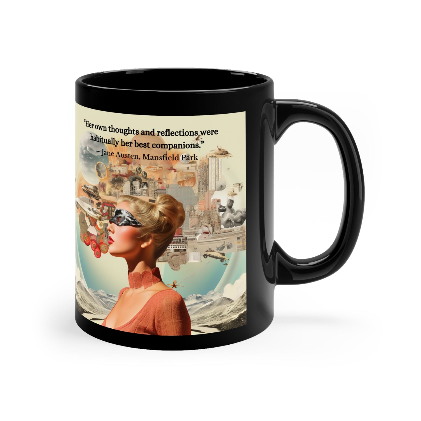 Austen's "Her Own Thoughts"  Black Ceramic Mug - Reflective Comfort.