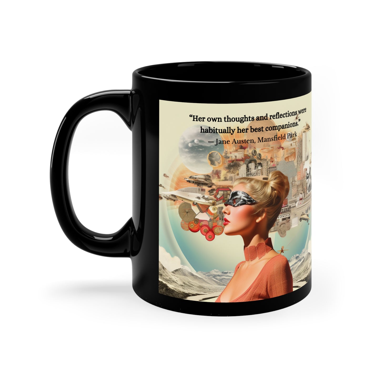 Austen's "Her Own Thoughts"  Black Ceramic Mug - Reflective Comfort.