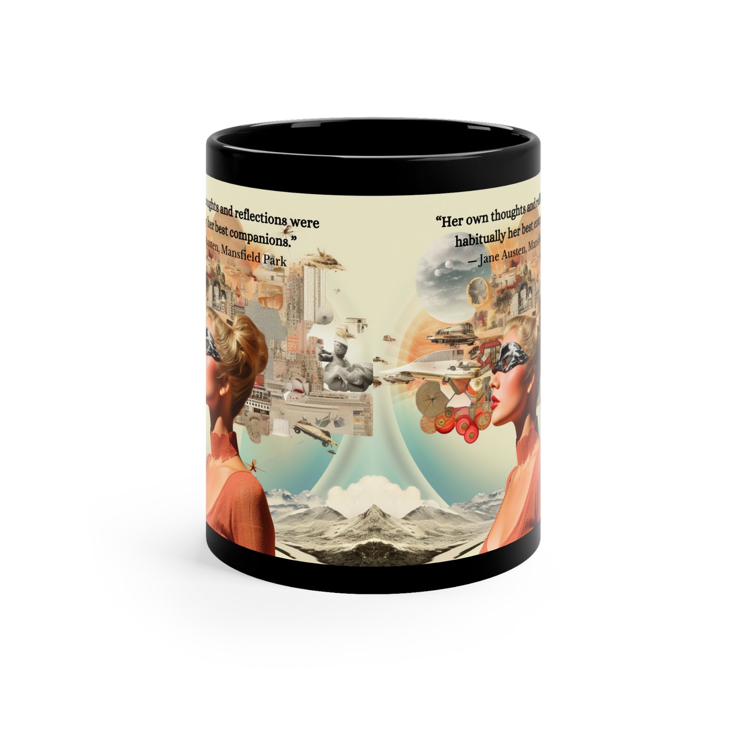 Austen's "Her Own Thoughts"  Black Ceramic Mug - Reflective Comfort.