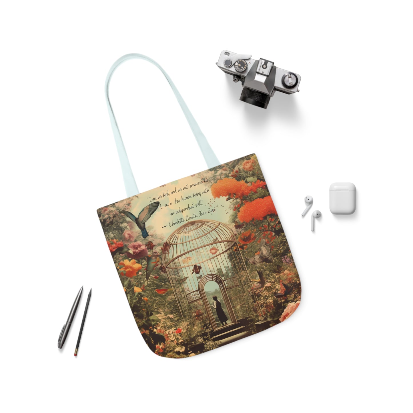 'I am not a bird' from Jane Eyre by Charlotte Bronte quote, Tote Bag,