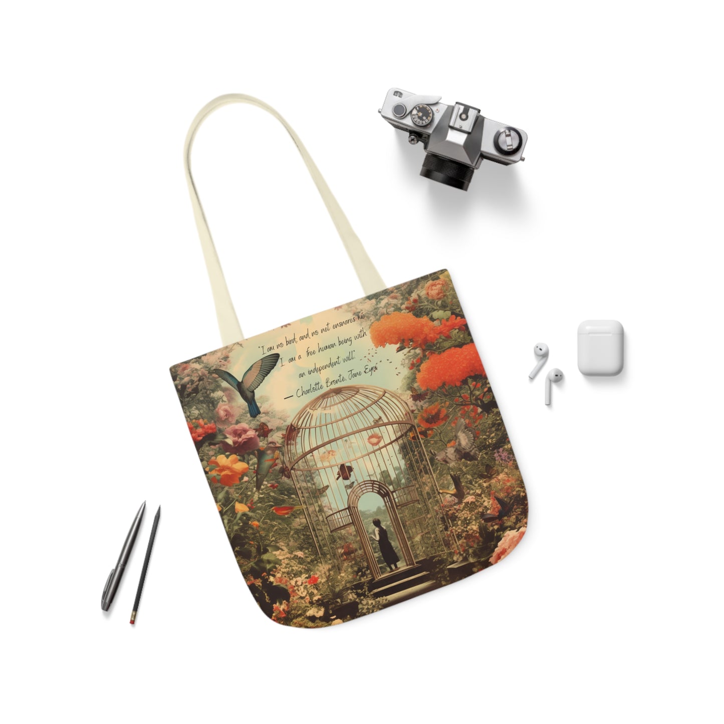 'I am not a bird' from Jane Eyre by Charlotte Bronte quote, Tote Bag,