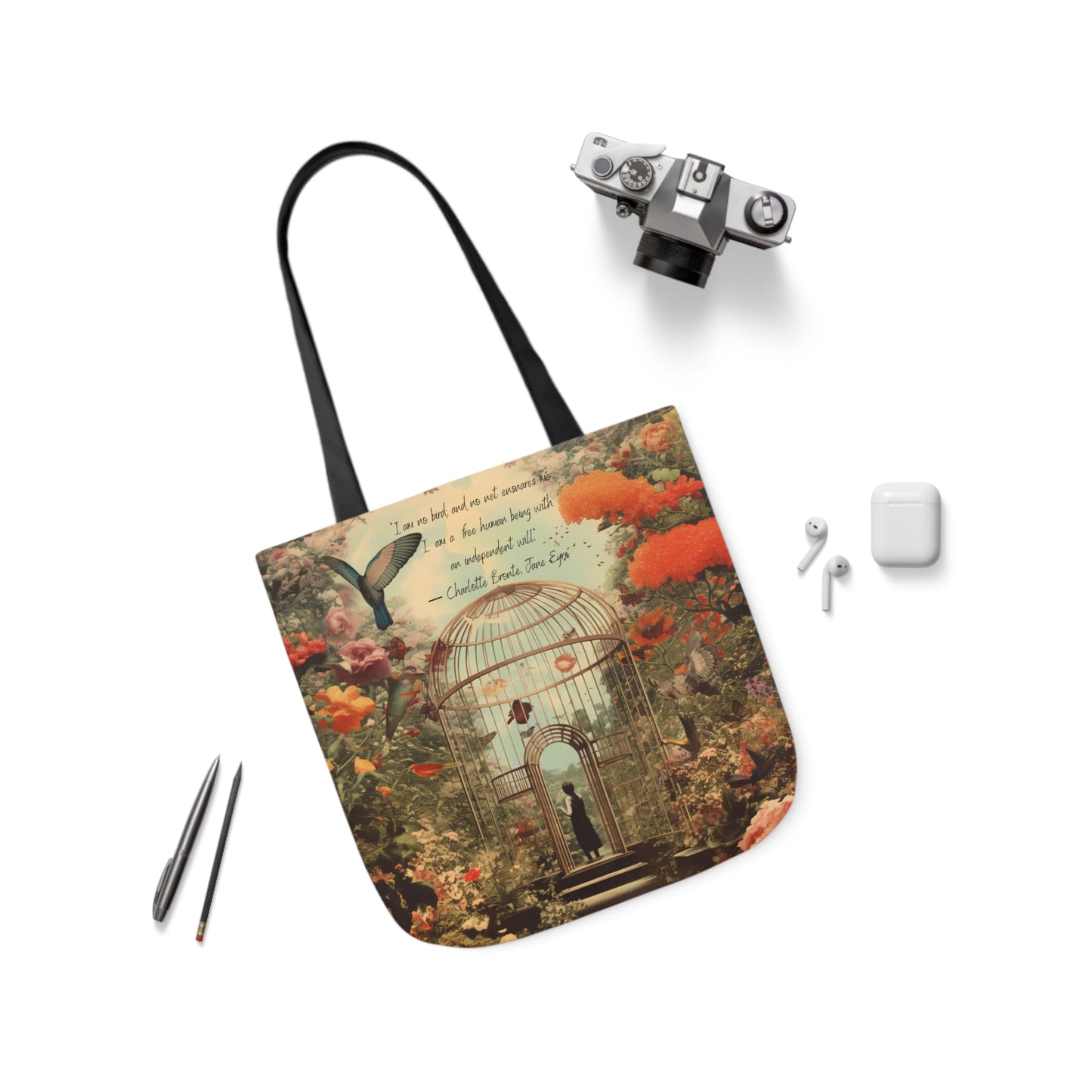 'I am not a bird' from Jane Eyre by Charlotte Bronte quote, Tote Bag,