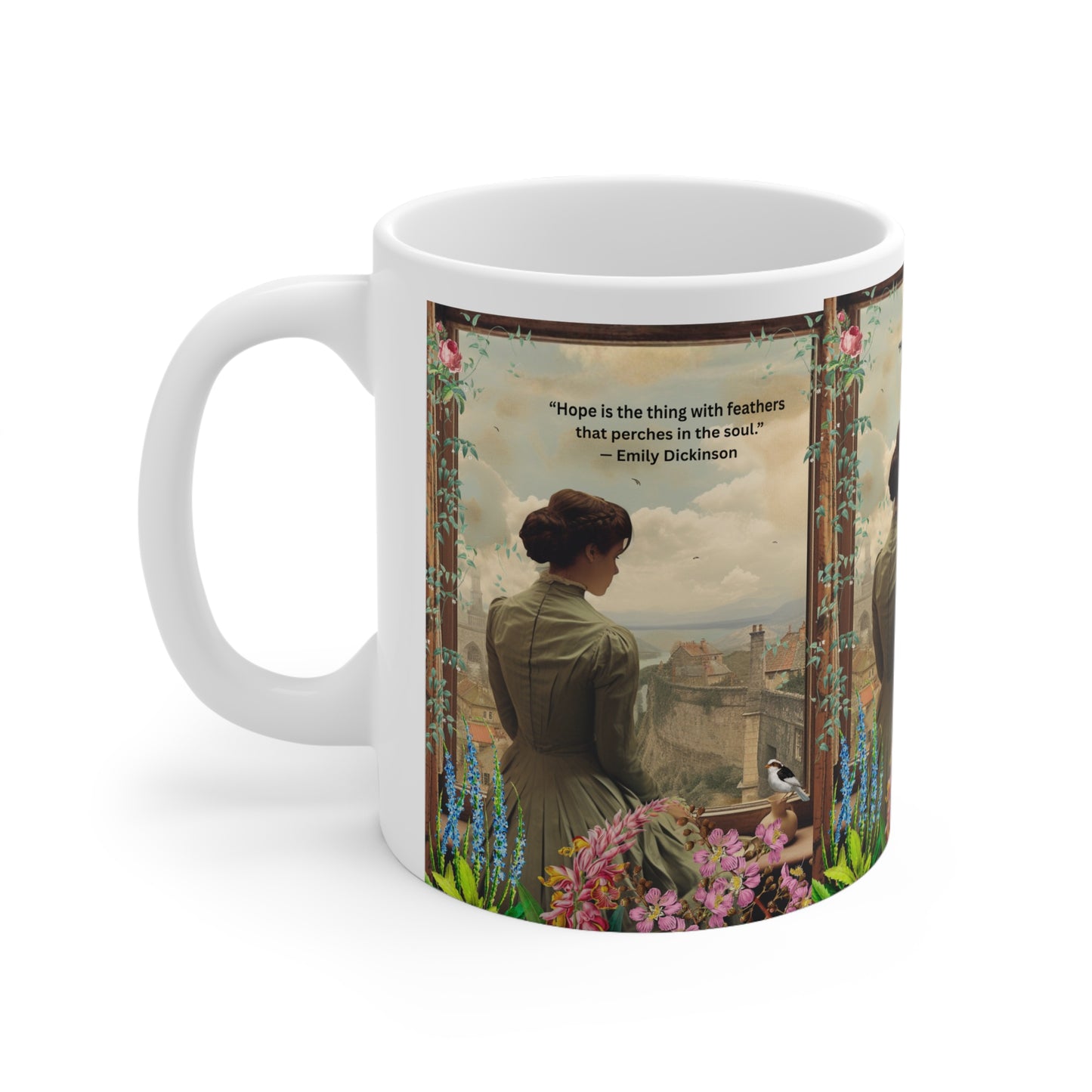 Hope Is the Thing with Feathers” – Emily Dickinson Quote Mug | Inspirational Literary Gift