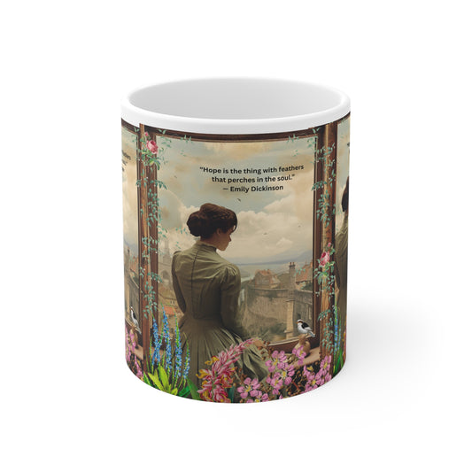 Hope Is the Thing with Feathers” – Emily Dickinson Quote Mug | Inspirational Literary Gift