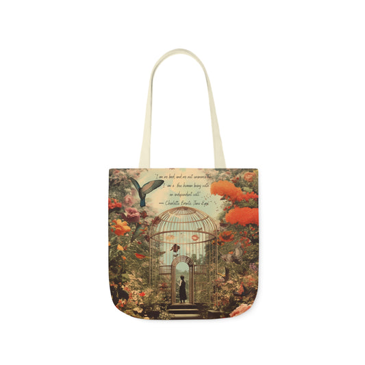 'I am not a bird' from Jane Eyre by Charlotte Bronte quote, Tote Bag,