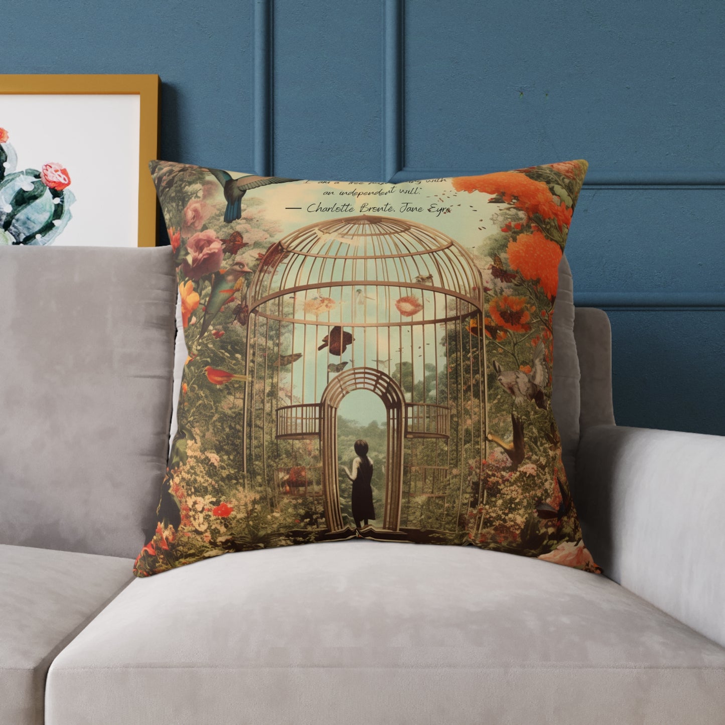 'I am not a bird', from Jane Eyre by Charlotte Bronte, quote on Luxury Cushion